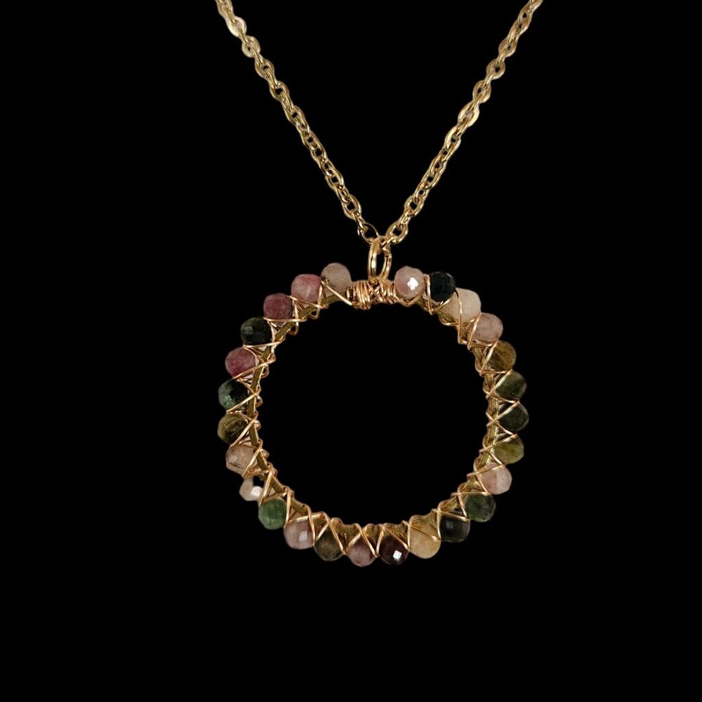 Natural Multi Color Tourmaline Wire Wrapped Circle of Life Pendant Necklace